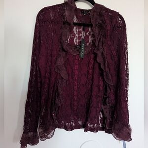 Vintage Y2k 2 pc Burgundy Lace Ruffle Camisole and Button Down Cardigan Set